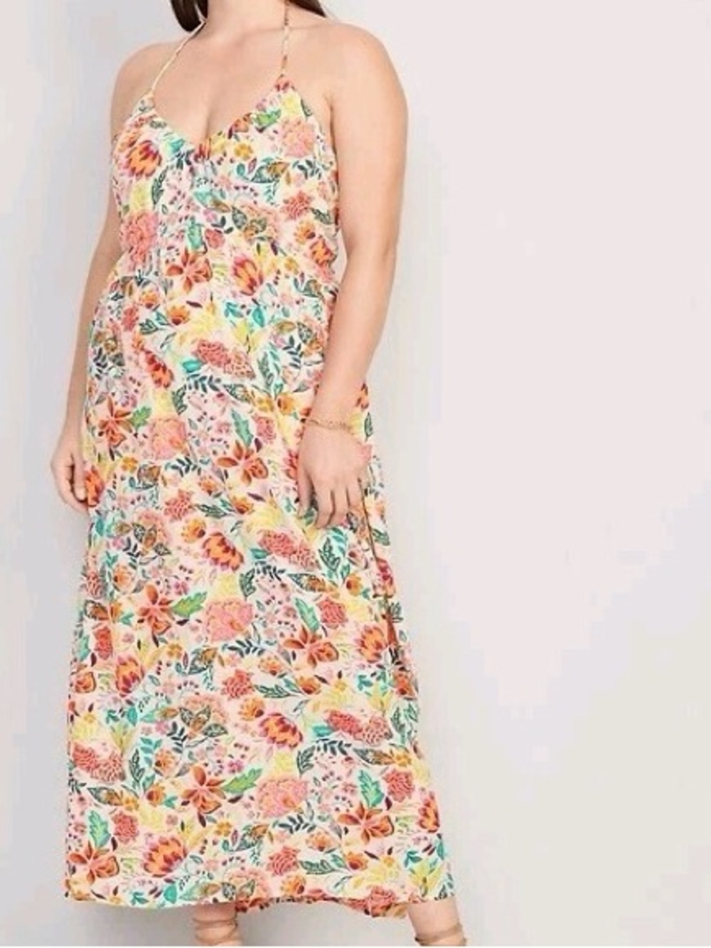 Old Navy Size XL Bright Floral Fit & Flare Crinkled Halter Maxi Dress